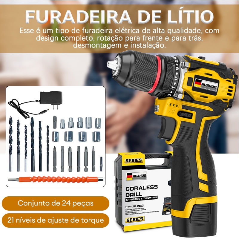 NOVO - Furadeira de íon de lítio 2 baterias 21 Volt Estojo 24 peças Kit de furadeira Carregador USB