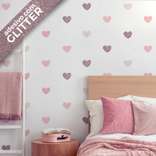 Adesivo de Parede Corações Tons de Rosa e Rosê Glitter 55un Cobre