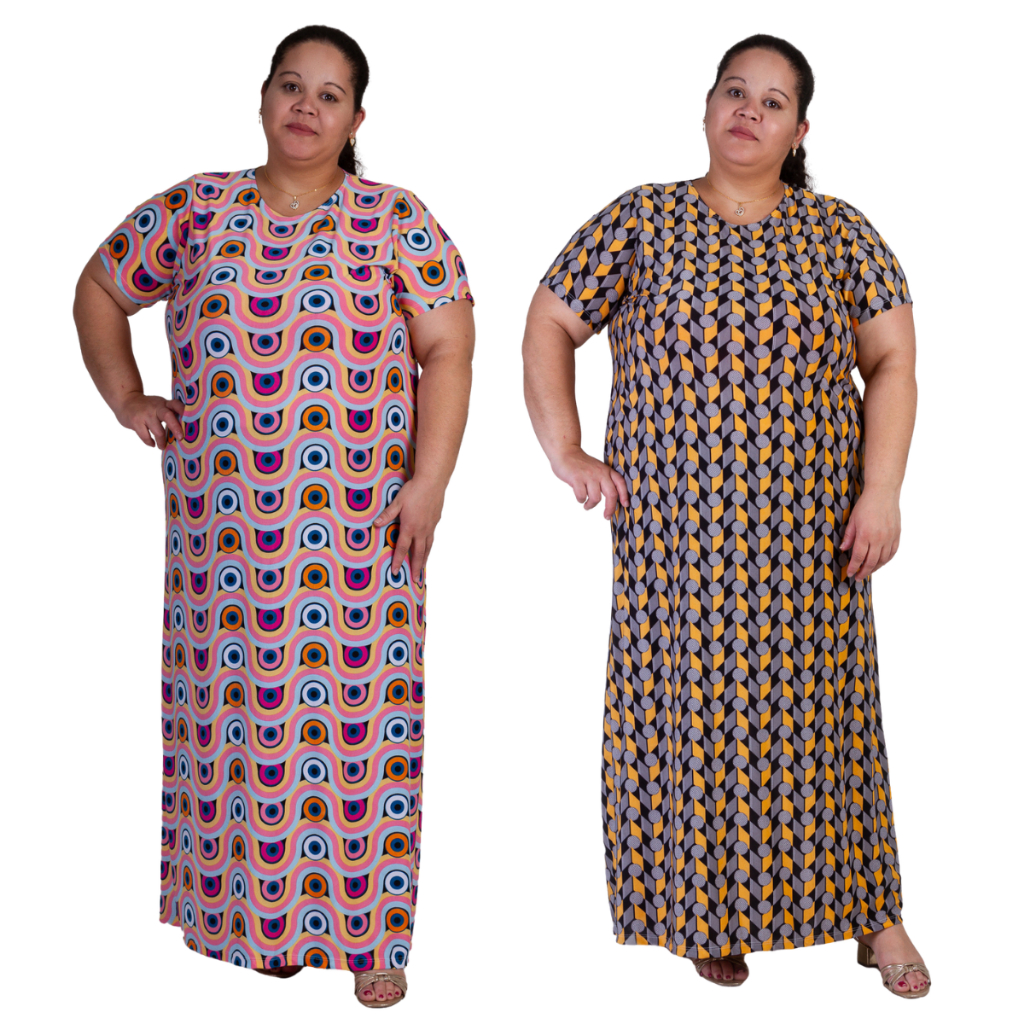Kit 2 Vestido Senhora Plus Size Malha Fria Longo Solto Manga Curta ...