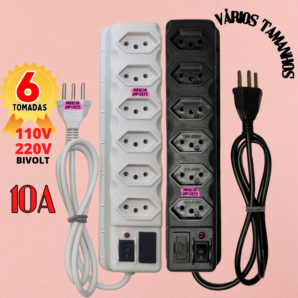 Filtro de Linha com 6 Tomadas Bivolt 10A Regua Eletrica Tripolar 10amperes preto ou branco