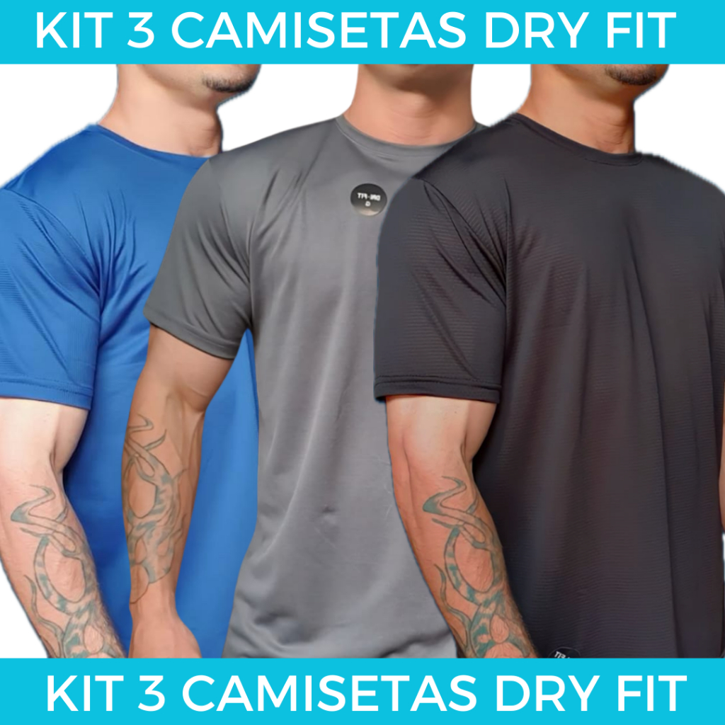 Kit 3 Camisetas Masculinas Dry Fit de Treino Corrida