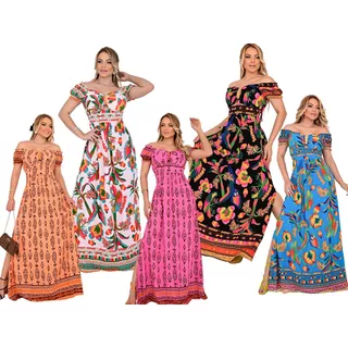 Vestido Longo Feminino Com Manga Estampado  Bojo Lastex Cintura e Fenda Viscolinho  #1 em Oferta na Shopee