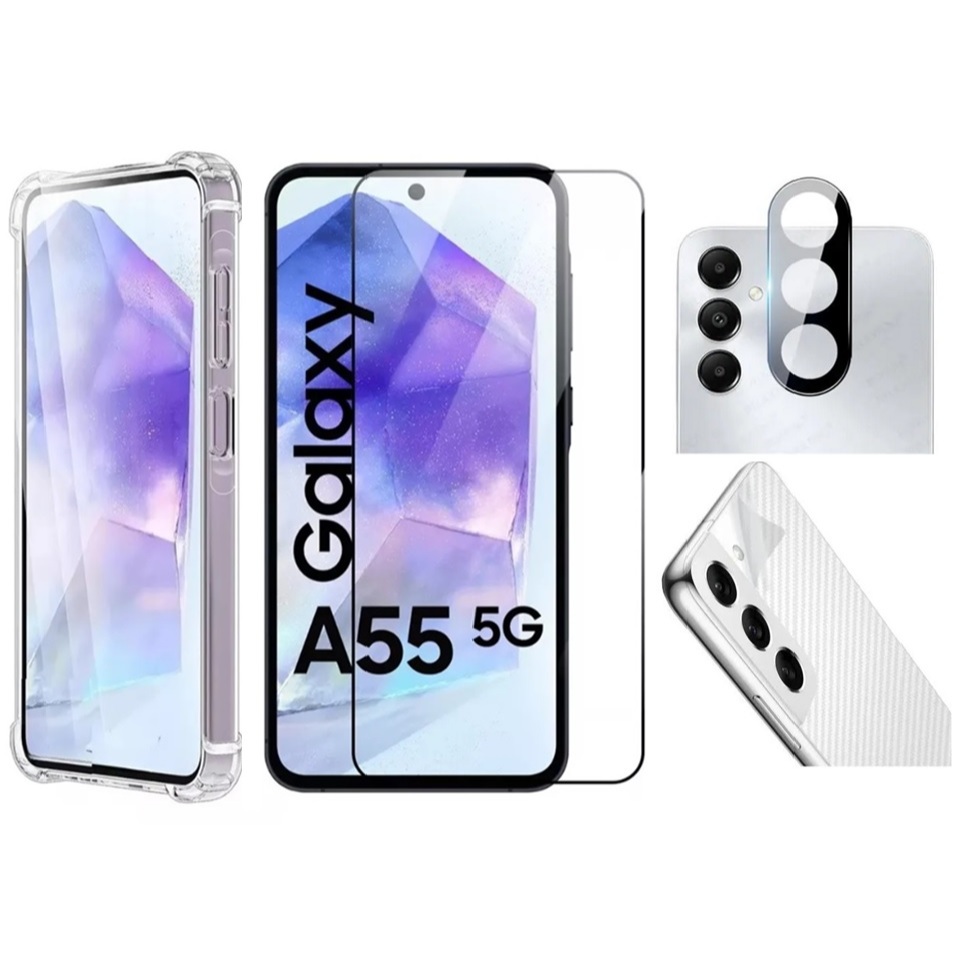 Kit 4x1 Para Celular Samsung Galaxy A55 Capa Capinha Anti Impacto + Película 3D + Câmera + Carbono