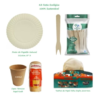 Kit Festa Eco 30 Pratos Papelão Natural + 50 Garfos Sobremesa Madeira + 50 Copos Térmicos Papel Kraft 180ml + 150 Papel Toalha Multiuso