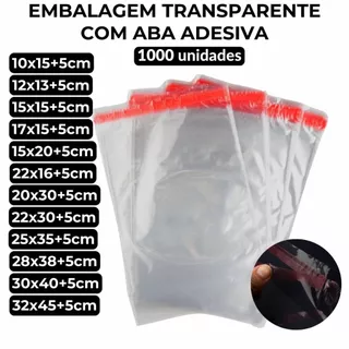 Kit 1000un Saco Plástico Embalagem Transparente Saquinho Adesivado Com Aba Ideal Roupas Abre e Fecha