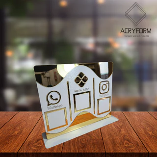 Placa Display de Mesa e Balcão para QR Code WHATSAPP PIX INSTAGRAM no MDF Branco e Acrílico Dourado