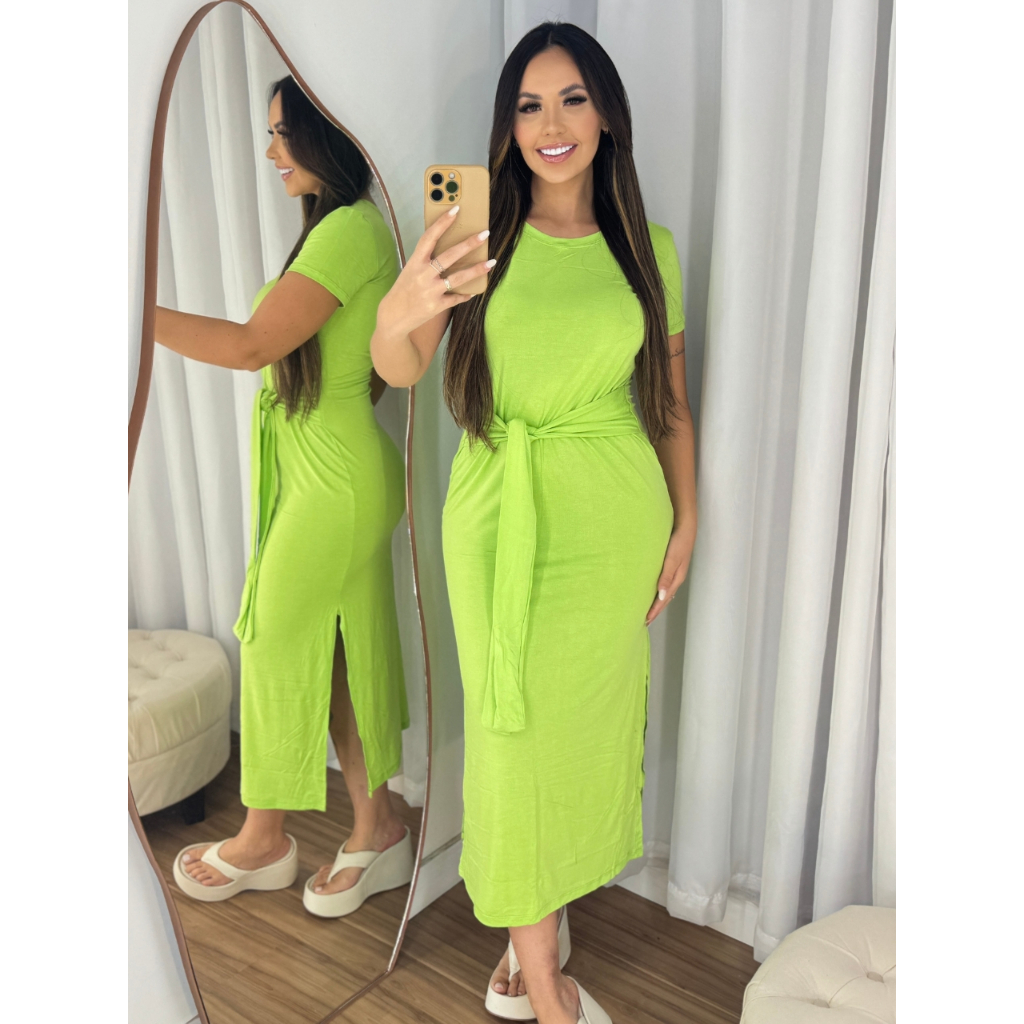 Vestido Feminino Manga Curta com Amarração na cintura Midi Anne Moda Feminina