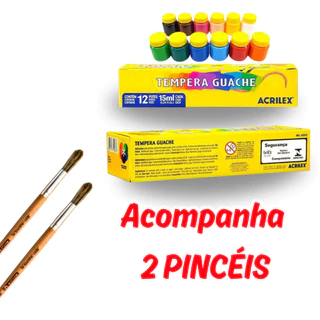 Tinta Guache 12 Cores - 15ml - Criança + 2 Pincéis