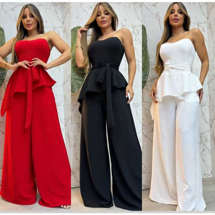 conjunto tecido duna calça pantalona blusa tomara que caia com faixa removivel