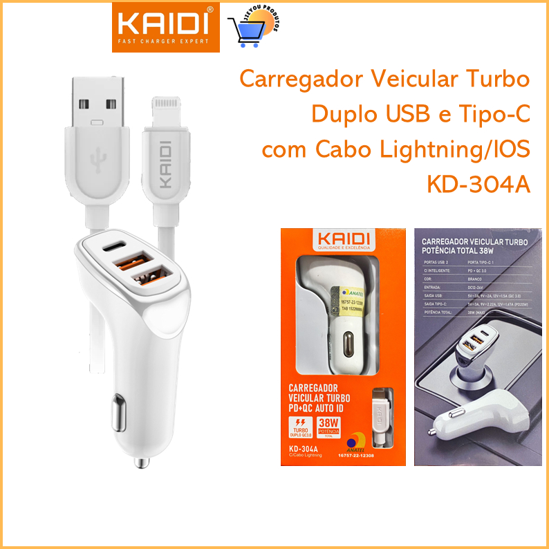 Carregador Ve cular Turbo De Duplo USB E Tipo C Com Cabo De Tipo C 