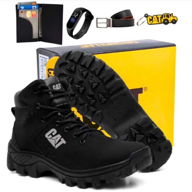 Botina Bota Caterpillar Masculina de Couro Resistente Adventure Trilha Confortável Com Solado Costurado Antiderrapante Impermeável + Cinto Carteira Relogio e Chaveiro