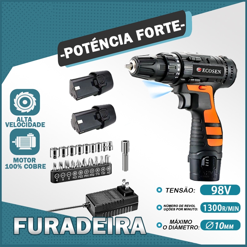 Furadeira Parafusadeira 12V bateria c/ maleta e acessórios 1300rpm