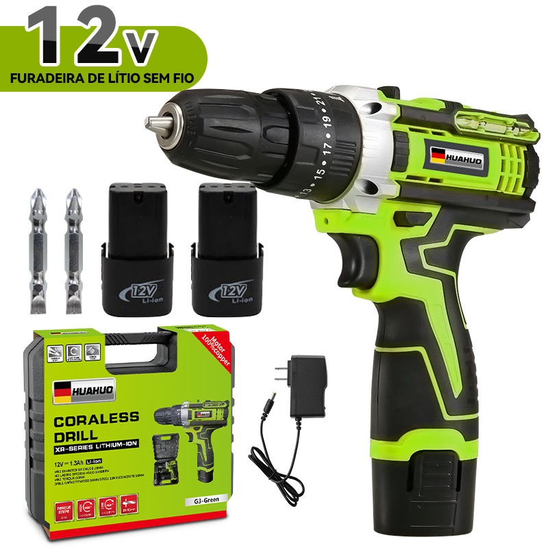 Parafusadeira Furadeira 12V 2 Baterias Sem Fio Impacto Com Maleta Completo Broca Bits Maleta Vonder (110V/220V)