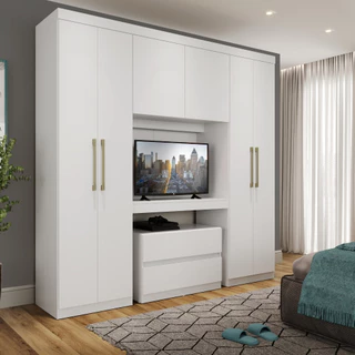 Guarda Roupa Infantil 6 Portas 2 Gavetas Porto Branco com Painel de TV Carraro