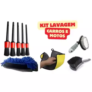 Kit Lavagem Automotiva Carro e Moto Pano Microfibra Luva Pinceis Escovas de Roda