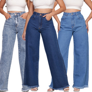 Calça jeans wide leg cintura alta