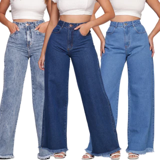 Calça Jeans Feminina Cintura Alta Wide Leg Com Bolso