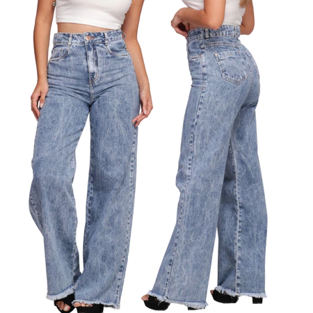 Calça jeans feminina cintura alta wide leg com bolso