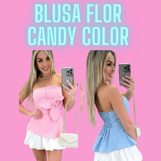 Blusa Feminina Flor Candy Color Tomara que Caia com Bojo Blusa Feminina Tendência