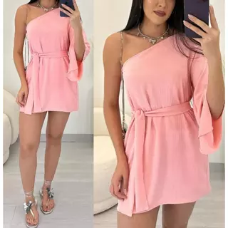 Vestido Feminino Curto Soltinho Um Ombro Só Nula Manga Lançamento de Verão