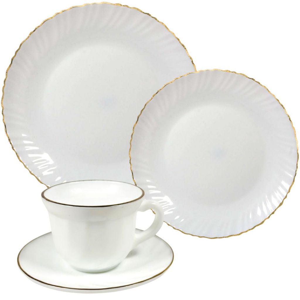 Jogo de jantar com xícaras de vidro opline com bordas douradas 16 peças