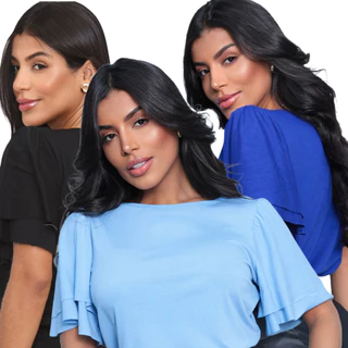 KIT 3 Blusas Elegantes Manga Babado Feminina Viscolycra