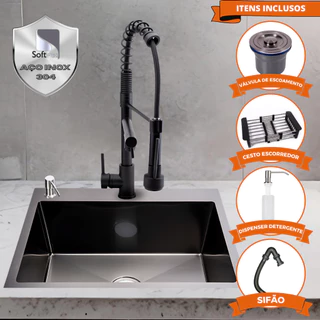 Cuba Pia Gourmet Cozinha Inox Quadrada Preta Com Torneira Monocomando 2 Saídas