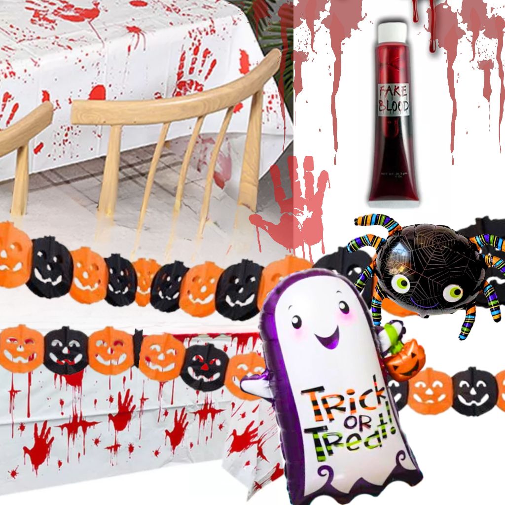 Kit Decoração Completa Mesa Halloween-Toalha Mesa Horripilante Sangue Varal Abóbora Balão Personagem