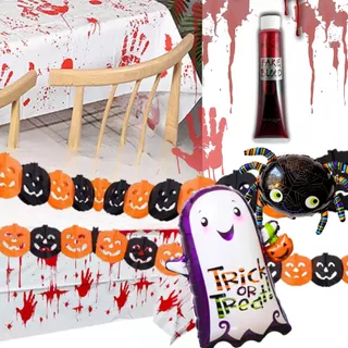 Kit Decoração Completa Mesa Halloween-Toalha Mesa Horripilante Sangue Varal Abóbora Balão Personagem