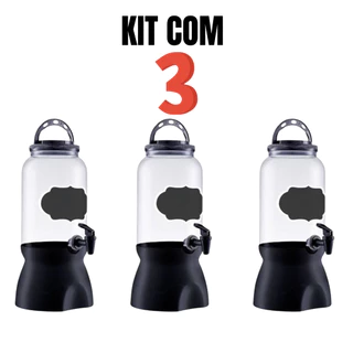 Kit com 3 Suqueira de Plástico 3.6 Litros Com Torneira Suporte e Alça Retrátil Preto ou Branco