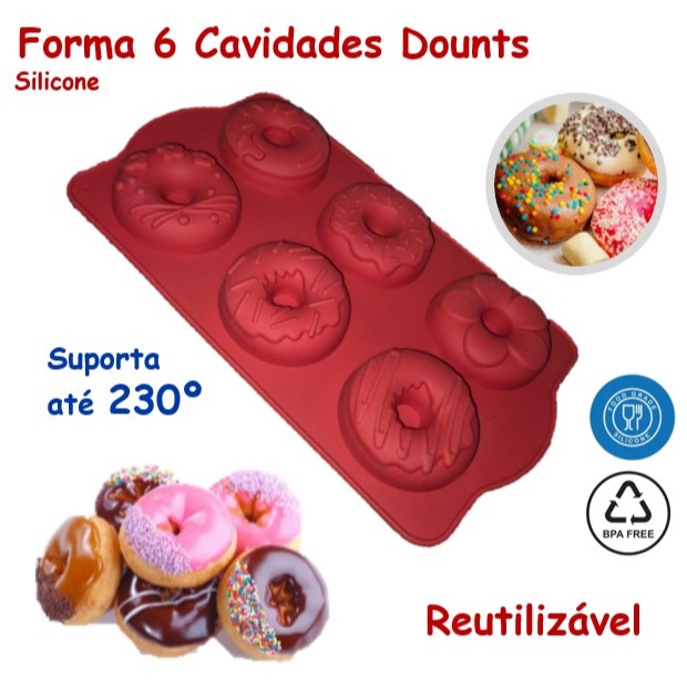 Forma / Molde de Silicone - Antiaderente 6 Donuts Rosquinhas Flexíveis , Duráveis e Fáceis de Limpar Resistência ao Calor