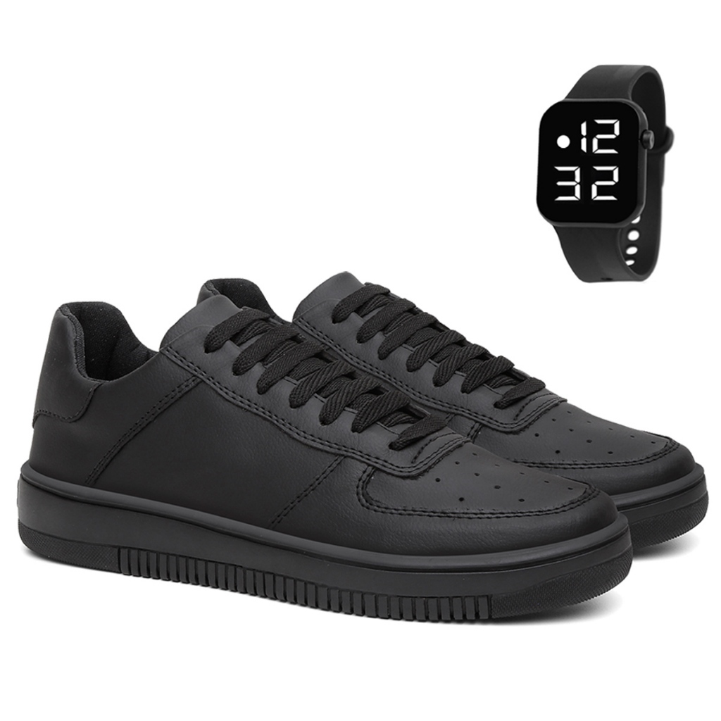 Tenis Air Casual Preto Force Alta Qualidade Retro Confortável Relógio Digital Brinde