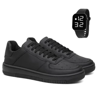 Tenis Air Casual Preto Force Alta Qualidade Retro Confortável Relógio Digital Brinde