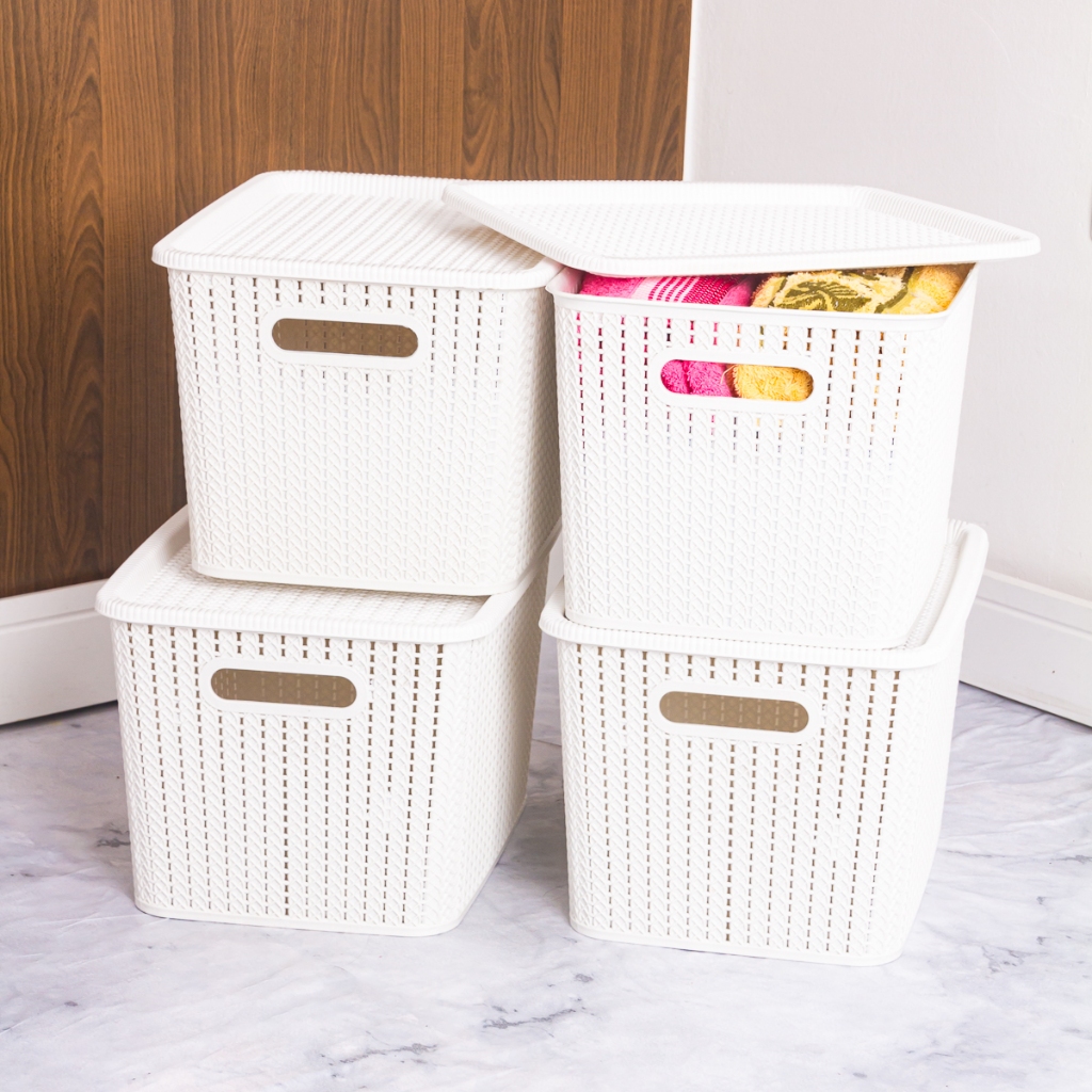 4 Caixas Organizadora Cesto Rattan Multiuso 20 Litros Com Tampa Empilhavel | Shopee Brasil