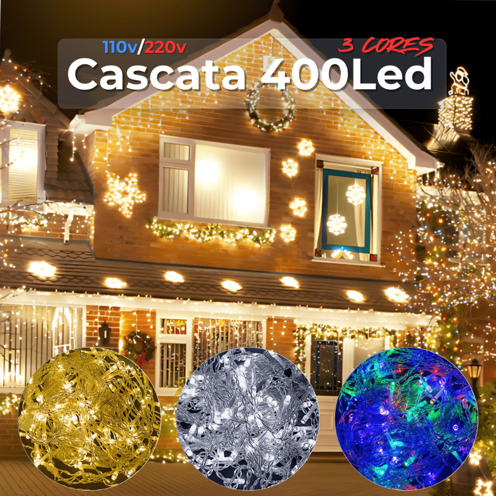 Cascata Natal 400 Lâmpadas LED Decoração Natal Fixa com Emenda 110v/220v V8 Pisca-Pisca Luzes