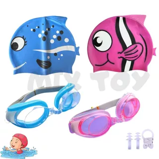 Kit Natação Touca e óculos Peixinho de Natação Silicone Infantil Esporte Aquático