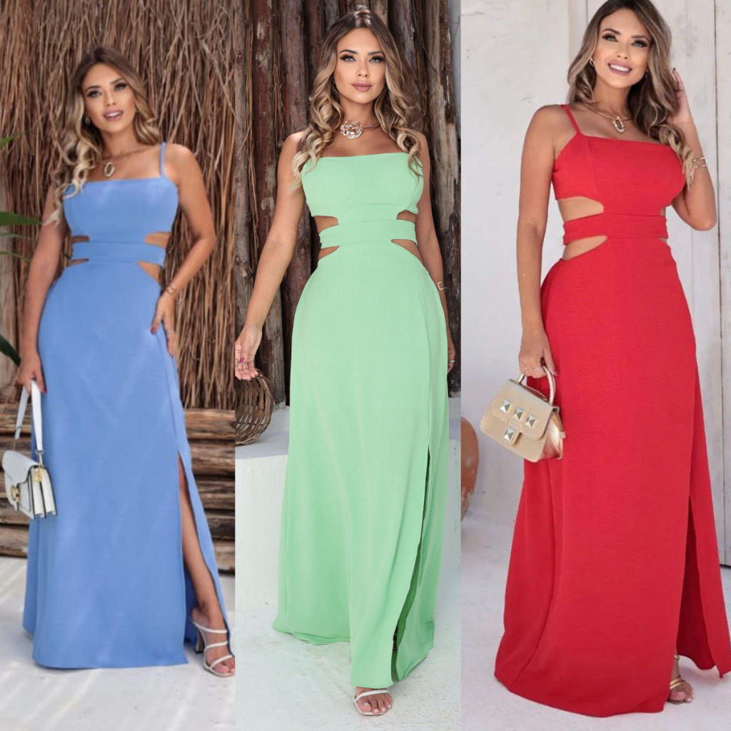 Vestido Longo Alcinha Feminino Fenda Lateral Com Amarração Alça Feminina