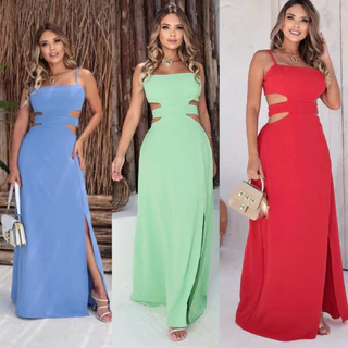 Vestido Longo Alcinha Feminino Fenda Lateral Com Amarração Alça Feminina