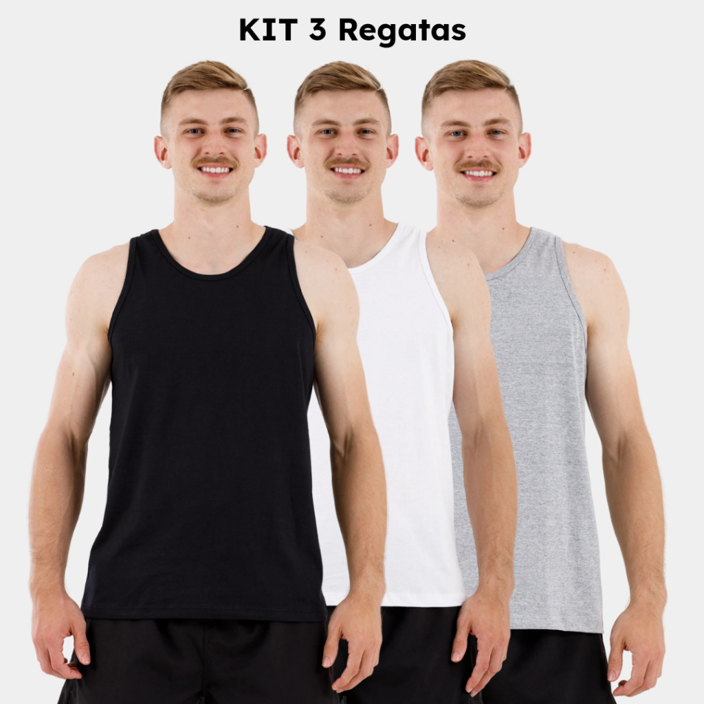 Kit 3 Regata Masculina Básica 100% Algodão