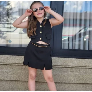Conjunto Infantil Menina Alfaiataria Colete e Short Saia Modinha Blogueirinha