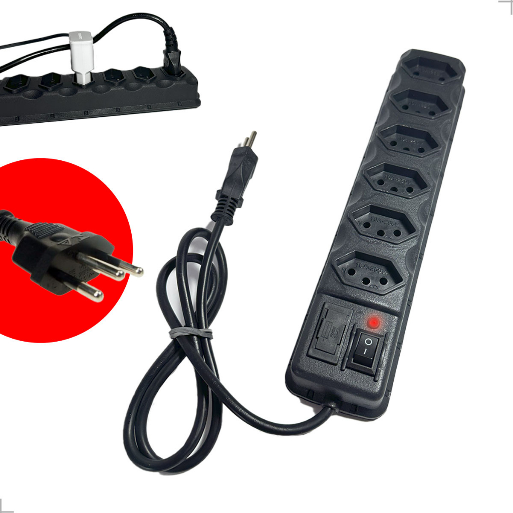 FILTRO DE LINHA PRETO RÉGUA DE TOMADAS 6 TRIPOLAR 10 Amperes com fusível Extensão Régua Elétrica