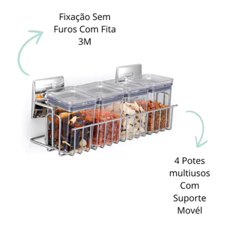 Porta Tempero Organizadores Com 4 Potes Herméticos Pia Bancada Suporte Fita 3M Sem Furos Cozinha