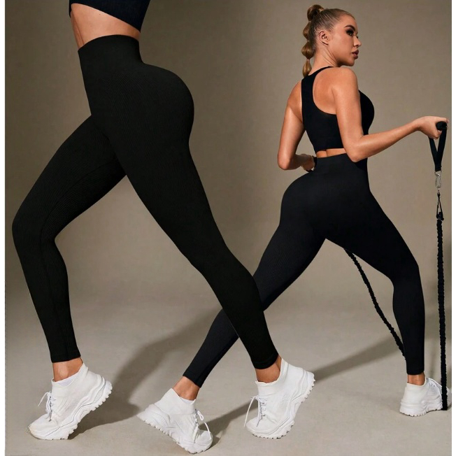 Legging plus size cintura alta Preto Legging Canelada Sem Costura