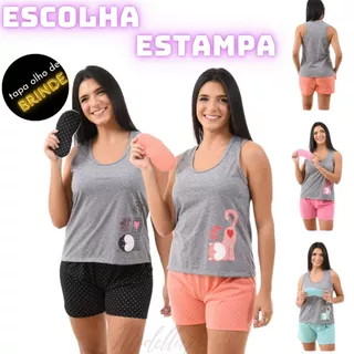 Pijama Feminino com Tapa Olho Baby Doll Short Doll Regata Escolha Cor Malha Leve Mescla Gatinho