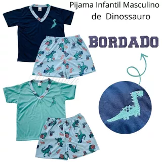 Pijama Infantil Masculino Dinossauro Bordado Malha Leve