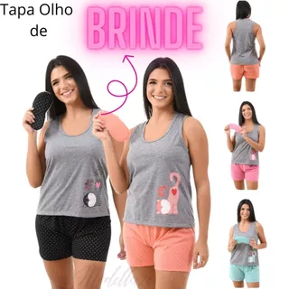Pijama Regata com Tapa Olho Escolha Cor Baby Doll Short Doll Feminino Malha Leve Gatinho