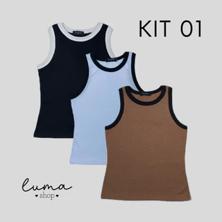 Kit 3 peças Regata Bicolor Feminina Ribana Canelada Premium
