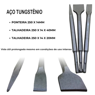 Kit Ponteiro e Talhadeira Estreita e Larga Plus SDS 250mm Aço Tungstênio Profissional
