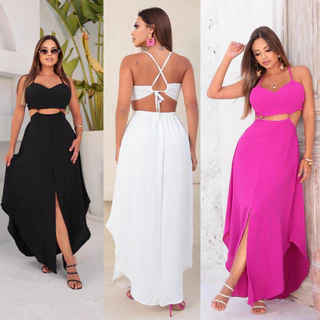 Vestido Longo Verão Luxo Feminino Fenda Decote Alça Tecido Duna Midi Luxuosa