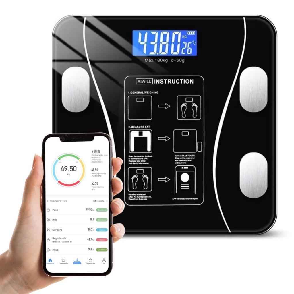 Balança Bioimpedancia Digital Bluetooth Corporal até 180kg Resultado Pelo Celular